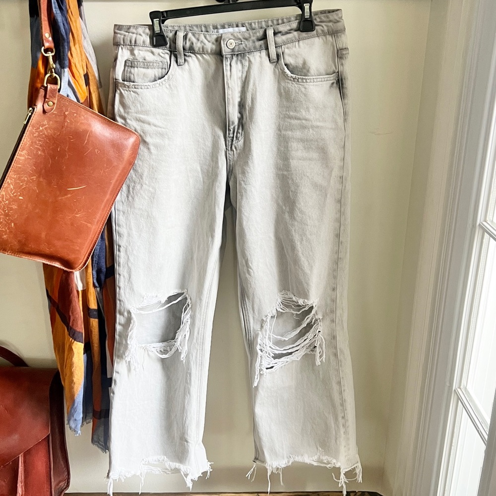 Vervet Ripped Distressed Light Grey Washed Crop Cut Off Baggy Jeans 30 - Picture 2 of 14